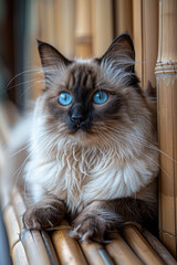 Aufkleber - A Balinese cat with its long, slender body, silky coat, and vivid blue eyes, lounging elegantly on a bamboo mat,