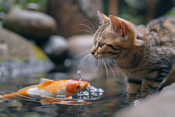 Aufkleber - A Japanese Bobtail cat with its short, kinked tail and lithe build, playfully batting at a koi fish in a zen garden,