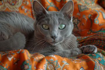 Aufkleber - A Korat cat with its silver-blue coat and luminous green eyes, sitting regally on a traditional Thai silk cushion,