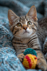 Aufkleber - A playful cat with a mischievous glint in its eyes and a slight grin, ready to pounce on a toy,