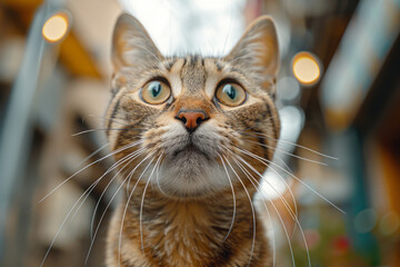Aufkleber - A surprised cat with wide, round eyes and raised eyebrows, caught in an unexpected moment,