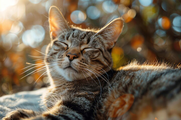 Wall Mural - A happy cat with soft, half-closed eyes and a relaxed smile, basking in a sunbeam,