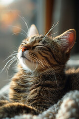 Wall Mural - A happy cat with soft, half-closed eyes and a relaxed smile, basking in a sunbeam,