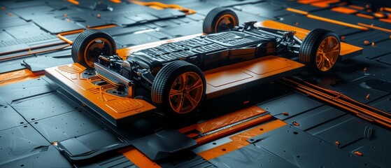 A car is shown in a futuristic setting with orange and black colors