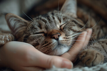 Aufkleber - A loving cat with soft eyes and a gentle smile, nuzzling against its ownerâ€™s hand,