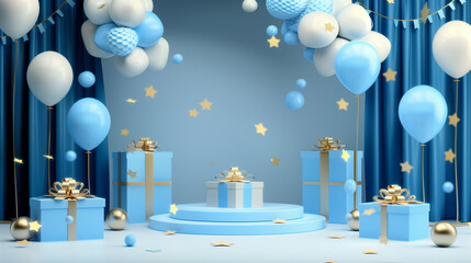 Blue 3D podium balloon background gift present stage product box platform birthday. Podium mockup 3D sale festive party template blue concept.