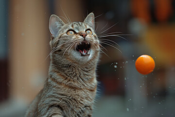 Aufkleber - An excited cat with wide eyes and an open mouth, mid-leap towards a favorite toy,