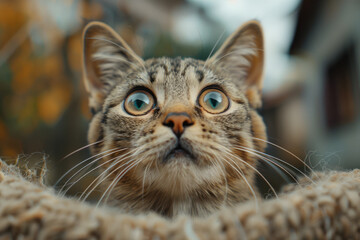 Aufkleber - A startled cat with wide, fearful eyes and a puffed-up tail, caught by surprise,