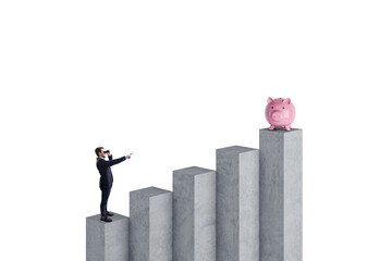 A man in a suit is pointing towards a pink piggy bank placed on the tallest of five ascending bar graphs on a white background, symbolizing financial growth and savings goals