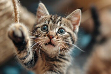 Aufkleber - A playful kitten with bright, eager eyes and a wide grin, pouncing on a piece of string,