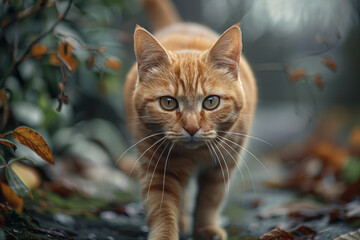 Aufkleber - A cautious cat with wary eyes and a low, stealthy posture, creeping towards something new,