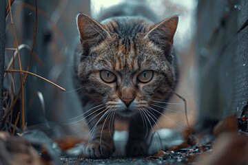 Aufkleber - A cautious cat with wary eyes and a low, stealthy posture, creeping towards something new,