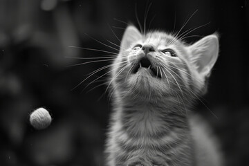 Aufkleber - A triumphant cat with a victorious smile and raised head, standing over a caught toy,