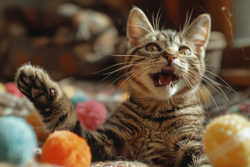 Aufkleber - A triumphant cat with a victorious smile and raised head, standing over a caught toy,