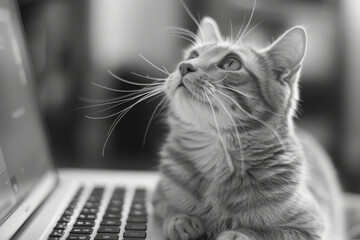 Aufkleber - A cat sitting on a laptop keyboard, looking up with a mischievous expression,