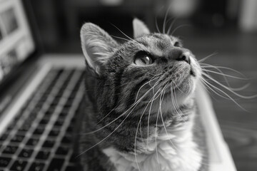 Aufkleber - A cat sitting on a laptop keyboard, looking up with a mischievous expression,
