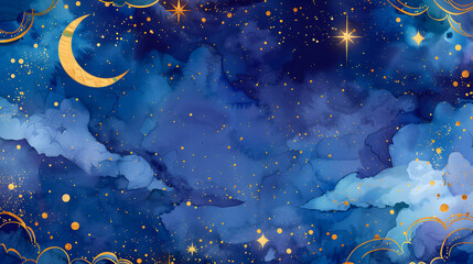 cresent moon in starry night sky in watercolor illustration and geometric patterns for wallpaper and