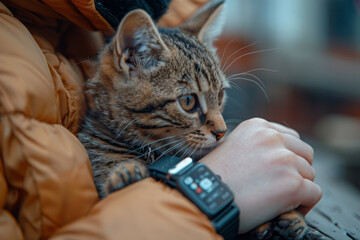 Wall Mural - A curious cat examining a smartwatch on its ownerâ€™s wrist, intrigued by the screenâ€™s movement,