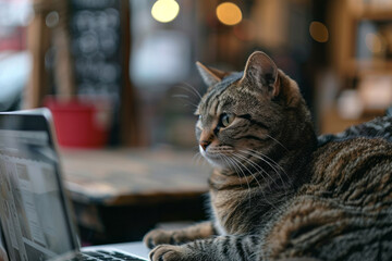 Aufkleber - A cat sitting in front of a laptop, seemingly participating in a virtual meeting,