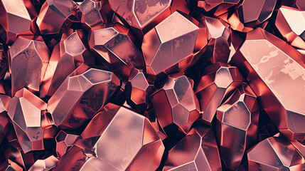 3d render, abstract rose gold crystal background, faceted copper metallic texture, macro panorama, wide panoramic polygonal wallpaper