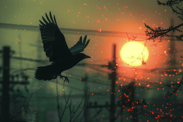 Poster - Dynamic image of a bird in flight, with its silhouette fragmented by a network of fine wires, symbolizing restricted freedom,