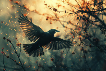 Poster - Dynamic image of a bird in flight, with its silhouette fragmented by a network of fine wires, symbolizing restricted freedom,