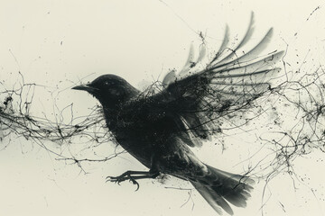 Poster - Dynamic image of a bird in flight, with its silhouette fragmented by a network of fine wires, symbolizing restricted freedom,