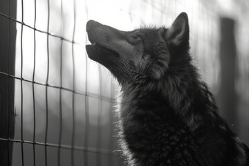 Aufkleber - Scene of a wolf howling, its silhouette broken by the crisscrossing lines of a wire mesh, symbolizing isolation,