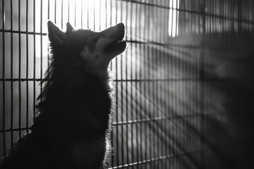 Aufkleber - Scene of a wolf howling, its silhouette broken by the crisscrossing lines of a wire mesh, symbolizing isolation,