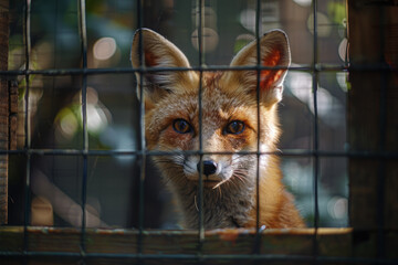 Fototapete - Dynamic image of a fox trapped within a garden fence, its shadow casting a web-like pattern of restriction,
