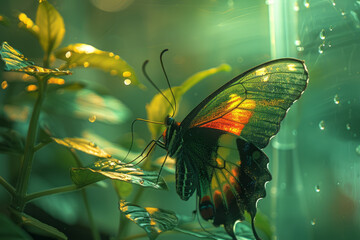 Wall Mural - Abstract image of a butterfly's wings, their delicate patterns intersected by the lines of a glass terrarium.