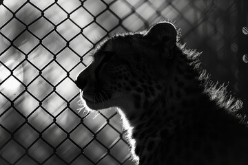 Poster - Scene of a cheetah behind a chain-link fence, its sleek silhouette broken into geometric shapes by the grid,