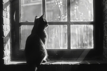 Aufkleber - Dynamic image of a cat sitting on a windowsill, its shadow intersected by the crisscrossing lines of the window pane,
