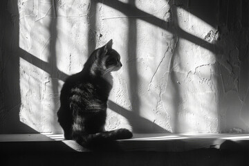 Aufkleber - Dynamic image of a cat sitting on a windowsill, its shadow intersected by the crisscrossing lines of the window pane,