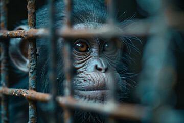 Poster - Illustration of a monkey in a laboratory cage, its form reflected through a complex lattice of metal bars,