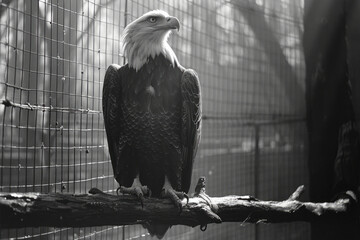 Leinwandbilder - Scene of an eagle in a sanctuary, its majestic wings reflected through the mesh of an aviary enclosure,