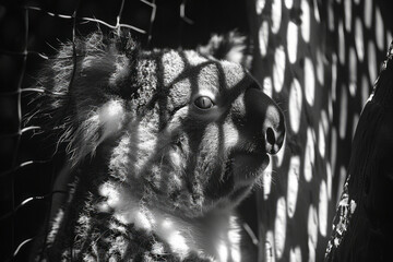Aufkleber - Abstract image of a koala clinging to a tree, its form broken by the shadows of a protective mesh,
