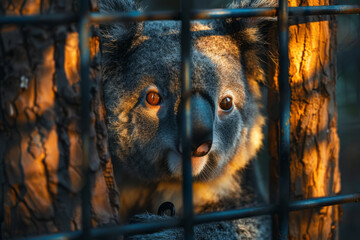 Aufkleber - Abstract image of a koala clinging to a tree, its form broken by the shadows of a protective mesh,