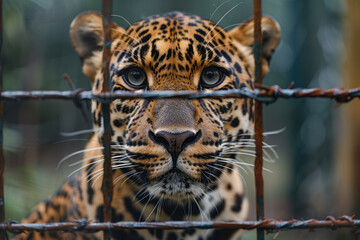 Poster - Artistic portrayal of a leopard behind bars, its powerful form reflected through the grid of its enclosure,