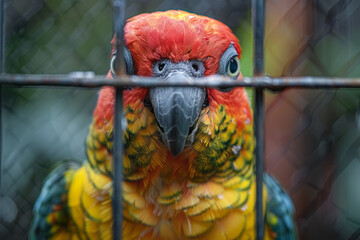 Aufkleber - Dynamic image of a parrot in a cage, its vibrant feathers reflected through the complex pattern of the bars,