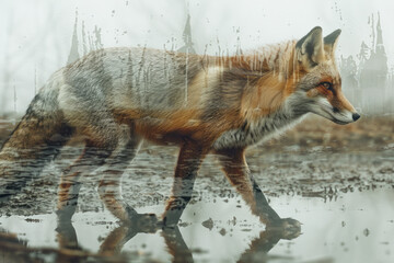 Poster - Dynamic image of a fox with a torn outline, reflecting the impact of confinement on its natural instincts,