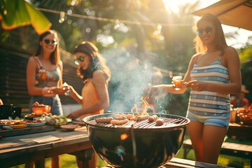 Poster - friends having barbecue party at backyard, friends having fun on vacation, enjoying summer weekend