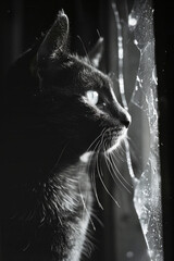 Aufkleber - Dynamic image of a cat with a torn outline, reflecting the confinement of felines in enclosed spaces,