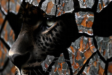 Poster - Artistic portrayal of a leopard with a fragmented silhouette, pieces missing to highlight its broken spirit,