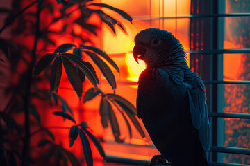 Leinwandbilder - Dynamic image of a parrot with a broken form, gaps in its silhouette symbolizing the impact of captivity on its vibrant life,