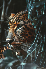 Poster - Artistic portrayal of a leopard with a fragmented silhouette, pieces missing to highlight its broken spirit,