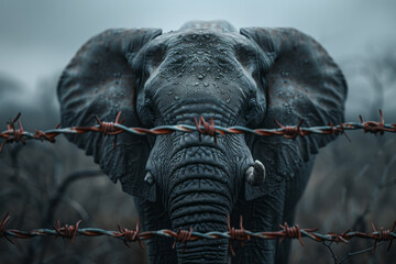 Aufkleber - Illustration of an elephant with coils of barbed wire wrapped around its legs and trunk, highlighting its lack of freedom,