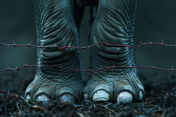 Aufkleber - Illustration of an elephant with coils of barbed wire wrapped around its legs and trunk, highlighting its lack of freedom,