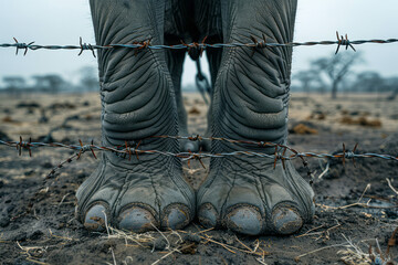 Aufkleber - Illustration of an elephant with coils of barbed wire wrapped around its legs and trunk, highlighting its lack of freedom,