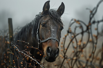Aufkleber - Artistic portrayal of a horse entangled in abstract, sharp lines, emphasizing its restricted movement,